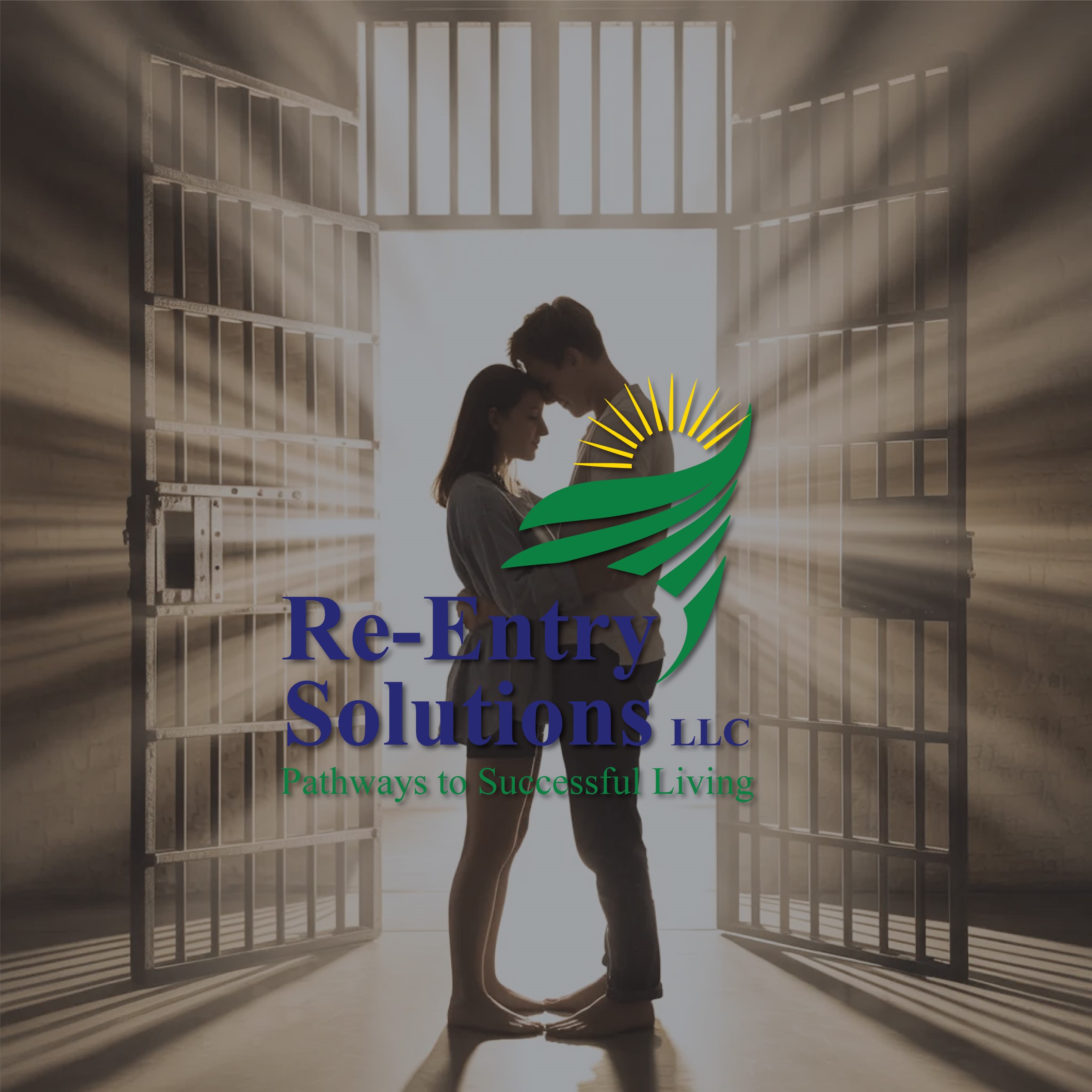 A couple embracing as prison gates open to light